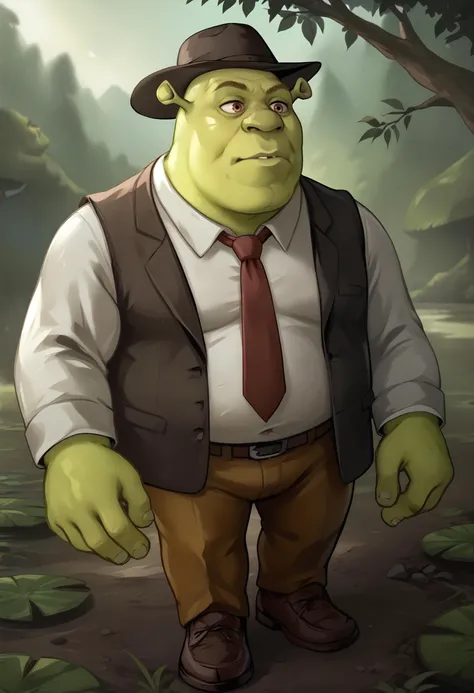 score_9, score_7_up BREAK shrek, green skin,male focus,bald,plump,swamp,nature,business suit,fedora,formal,necktie <lora:queasys:1> <lora:Shrek_XLPD:0.8>