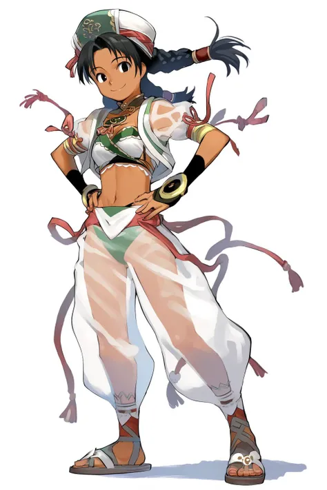 Hakama with open leg design,Fearless Smile,Close-up of a naked person with long hair and white, ikki tousen, Full body pose, Female Anime Characters, Full body concept, Anime Style3D, Female Action Anime Girl, Anime VTuber Full Body Model, Anime Style, Full Body Shot Turnaround, Gainax Anime Style, Full body action pose,Loincloth,White kettle,Hakama with open legs,Orange hair band,Side Ponytail,Straight hair,Muscular,topless,Nipples,Straight bangs,White Background,Red eyes,Navy Blue Hair,Round eyebrows,Sharp eyes