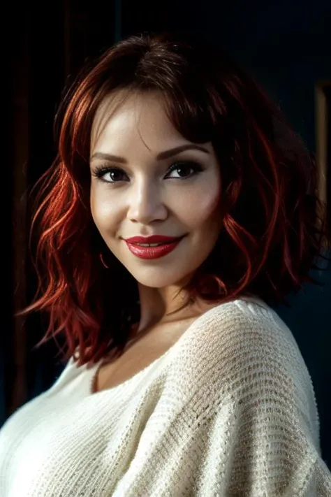 (8k, masterpiece, best quality, solo, 1girl, sfw), ((Bianca)), portrait, (white thick knit sweater), smile, open mouth, looking at camera, eyelines, eyeshadows, red lipstick, red hair, simple dark background, <lora:Bianca_v1-10:0.8>, huge breasts:1.5