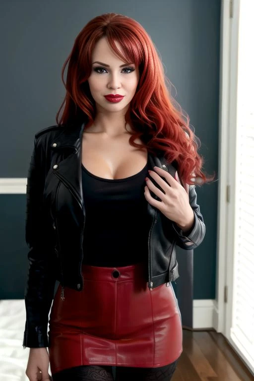 Masterpiece, hd, full detailed, jessica rabbit, sideless red dress, front view, (((red glitter dress))), purple sleeve gloves, red hair, detailed eyes, perfect eyes, green eyes, pink eye make up, red lipstick, cleavage, seductive look, laying on bed, (spread legs), ((no panties)), looking at viewer, visible vagina