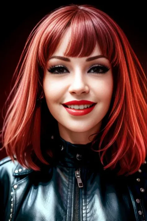 (8k, masterpiece, best quality, solo, 1girl, sfw), ((Bianca)), portrait, (leather jacket), smile, open mouth, looking at camera, eyelines, eyeshadows, bright red lipstick, bright red hair, simple dark background, <lora:Bianca_v1-10:0.8>, huge breasts:1.5