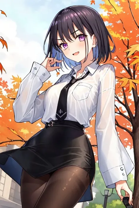 1girl, solo, (black hair:1.15), purple eyes, short hair, white shirt, miniskirt, skirt, black skirt, pencil_skirt, cowboy shot, black necktie, hair between eyes, outdoors, park, autumn, maple trees, brown pantyhose,