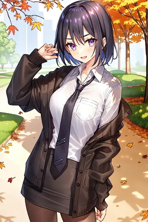 1girl, solo, (black hair:1.15), purple eyes, short hair, white shirt, miniskirt, skirt, black skirt, pencil_skirt, cowboy shot, black necktie, hair between eyes, outdoors, park, autumn, maple trees, brown pantyhose, black cardigan, open cardigan,