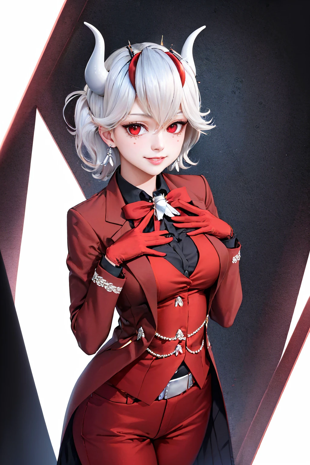 (masterpiece, best quality:1.2), solo, 1girl, htbeelzebub, freckles, smirk, looking at viewer, hand on own chest, v-shaped eyebrows, formal, suit, shirt, red bow, red gloves, red pants <lora:helltaker_beelzebub:1.0>