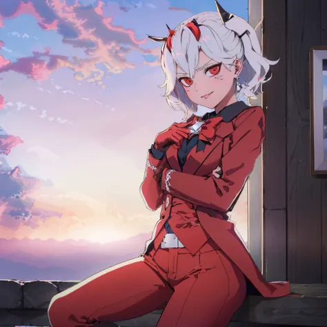 (masterpiece, best quality:1.2), cloud, sky, sunset, solo, 1girl, htbeelzebub, freckles, smirk, looking at viewer, v-shaped eyebrows, formal, suit, shirt, red bow, red gloves, red pants <lora:FE3H S Rank:1.0> <lora:helltaker_beelzebub:0.9>