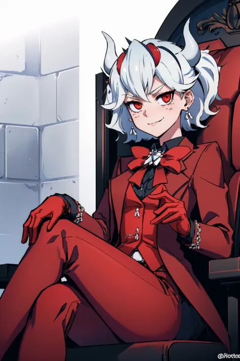 Lucifer Morningstar, hazbin hotel, 1 boy, white hair, choker, large black gloves, black thigh boots, two arms, two legs, sharp teeth, tuft, perfect anatomy, better hands, lying on bed, big erected penis, jockstrap, seductive smile, latex crop top, erect penis, mastruabting, no pants, no jacket, lustful, femboy,