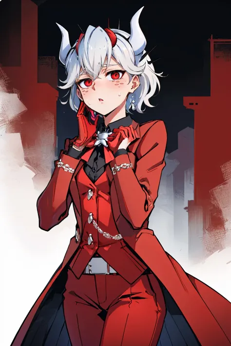 (masterpiece, best quality:1.2), solo, 1girl, htbeelzebub, freckles, sweat, panicking, hand on own face, formal, suit, shirt, red bow, red gloves, red pants <lora:helltaker_beelzebub:1.0>