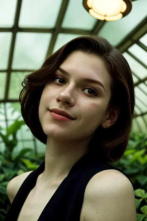 (from below, closeup on face:1.2) <lora:KallieKurudzhy_v1-000022:.9> KallieKurudzhy, smiling, from behind,4:: she is wearing underbust , her hair is styled as slicked back lob hair, BREAK she is (in the conservatory:1.1), cinematic lighting, Kodak Vision3 , in the style of Eugene Atget