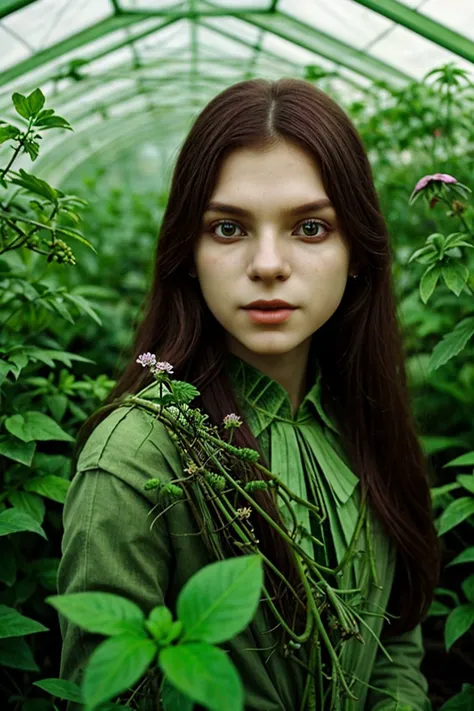 <lora:KallieKurudzhy_v1-000012:.9> KallieKurudzhy focus on character, portrait, solo, half shot, looking at viewer, detailed background, detailed face, (<lora:WitchcraftPunkAI:0.5>, WitchcraftPunkAI theme:1.1), botanical researcher, roots, mandrake, greenery, colorful plants, blooming flowers, glowing plants, magic, green color scheme, research, greenhouse in background, magical atmosphere,