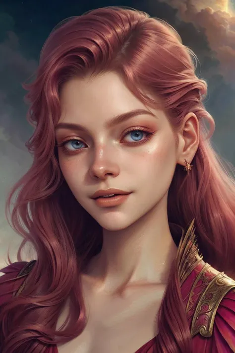 (ethereal fantasy concept art of, magnificent, celestial, ethereal, painterly, epic, majestic, magical, fantasy art, cover art, dreamy:1.2) <lora:KallieKurudzhy_v1-000022:.9> KallieKurudzhy, focus on eyes, close up on face, smiling, Coral color hair styled slicked back lob hair