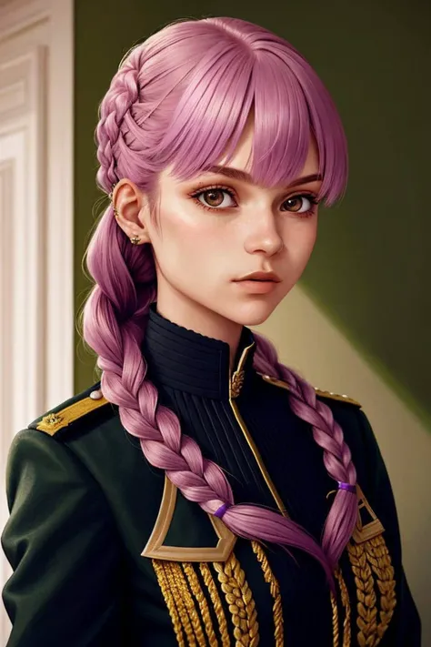 portrait photo of <lora:AnastasiaCebulska_v1:.9> AnastasiaCebulska, focus on face, wearing a military uniform , her bright lavender color hair is styled as messy bun,