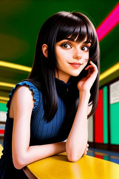 (chalk art style, textured, vibrant, hand-drawn, detailed:1.2) (low angle, closeup on face:1.2) <lora:KallieKurudzhy_v1-000022:.9> KallieKurudzhy, smiling, from behind,4:: she is wearing costume , her hair is styled as straight with bangs hair, BREAK she is (sitting in a comfy chair at the library:1.1), bright neon lighting, Kodak Vision3 IMAX ,glitch style,