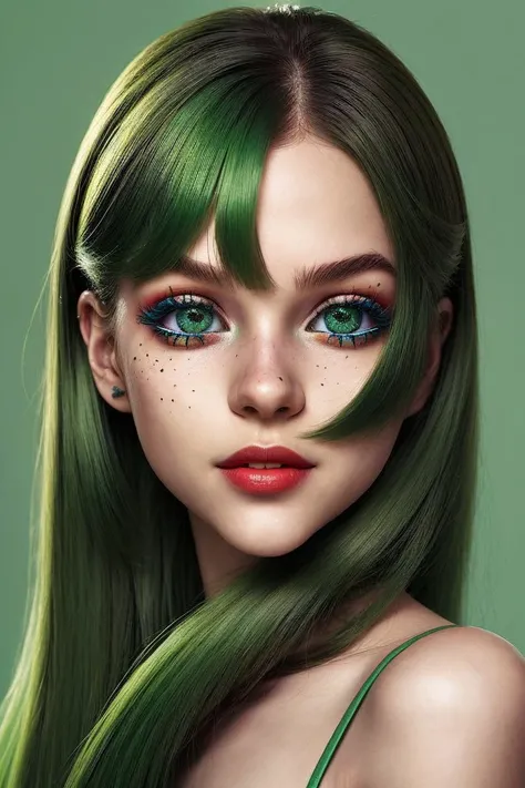 girl, beautiful green eyes, clear skin, soft makeup, (streaked green/pink hair:1.5), realistic soft skin, tight body,
photorealistic.