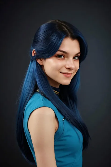 headshot <lora:KallieKurudzhy_v1-000012:.9> KallieKurudzhy, focus on smiling face, from behind wearing a star trek uniform , her beau blue color hair is styled as layered waves hair,