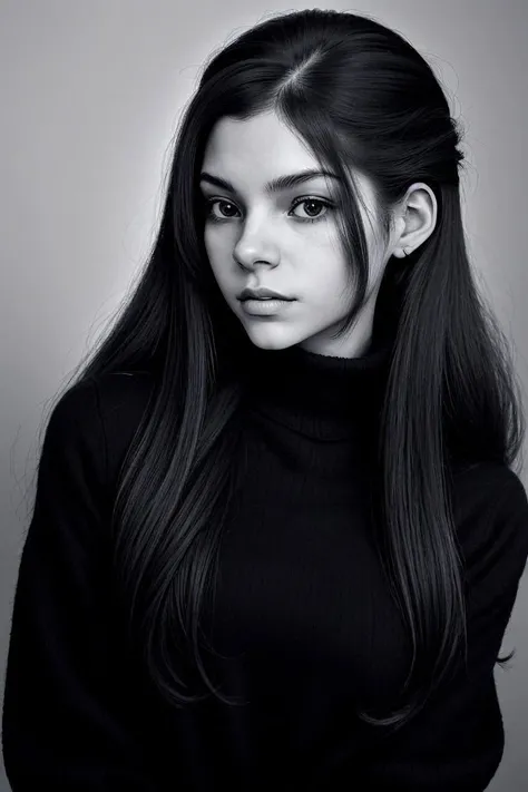 (silhouette style, black and white, contrast, simple:1.2) portrait <lora:KallieKurudzhy_v1-000022:.9> KallieKurudzhy, focus on face, wearing a thin sweater , her hair is styled as Straight Long Layers,