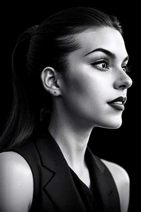(film noir style, black and white, high contrast, mystery, detailed:1.2) (low angle, closeup on face:1.2) <lora:KallieKurudzhy_v1-000022:.9> KallieKurudzhy, smiling, from behind,4:: she is wearing shosei , her hair is styled as high ponytail hair, BREAK she is (at a carnival:1.1), dramatic rim lighting, Cinestill 800T , in the style of Wes Anderson
