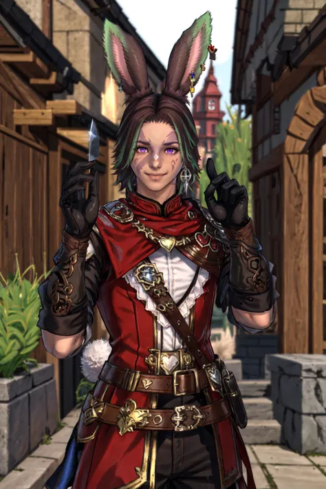 Khitli Viera, solo, looking at viewer, smile, short hair, brown hair, gloves, 1boy, animal ears, jewelry, purple eyes, weapon, male focus, heart, earrings, outdoors, green hair, black gloves, belt, hand up, rabbit ears, blurry background, facial mark, knife, viera, <lora:Khitli_Viera:0.5>