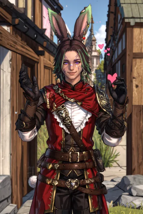 Khitli Viera, solo, looking at viewer, smile, short hair, brown hair, gloves, 1boy, animal ears, heterochromia, green eyes, jewelry, purple eyes, weapon, male focus, heart, earrings, outdoors, green hair, black gloves, belt, hand up, rabbit ears, blurry background, facial mark, floating hearts, viera, <lora:Khitli_Viera:0.5>