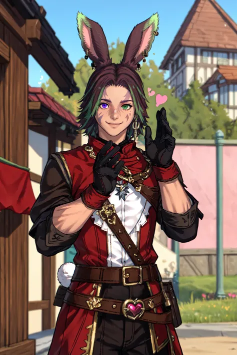 Khitli Viera, solo, looking at viewer, smile, short hair, brown hair, gloves, 1boy, animal ears, heterochromia, green eyes, jewelry, purple eyes, weapon, male focus, heart, earrings, outdoors, green hair, black gloves, belt, hand up, rabbit ears, blurry background, facial mark, floating hearts, viera, <lora:Khitli_Viera:0.5>