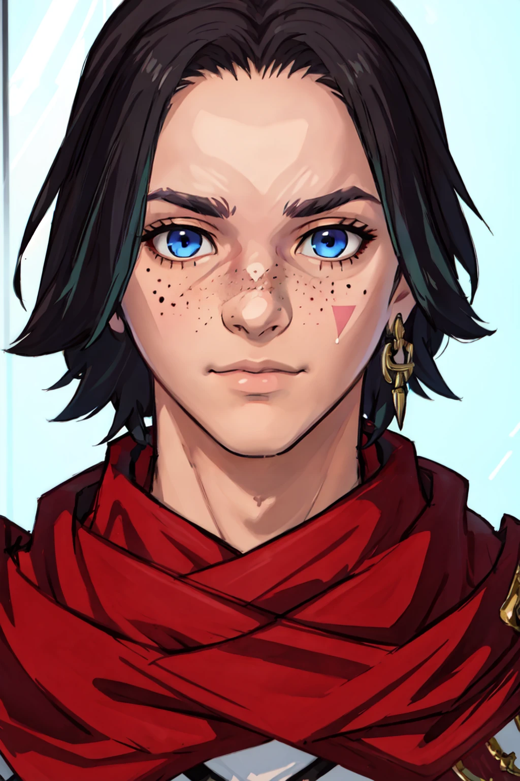 Khitli Viera, 1boy, male focus, solo, looking at viewer, short hair, blue eyes, black hair, jewelry, closed mouth, earrings, scarf, tattoo, facial mark, portrait, freckles, red scarf, <lora:Khitli_Viera:0.5>