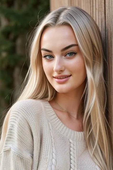 closeup headshot of S278_PietrikVanDijk,an attractive woman,in front of a (timber-wall:1.1),wearing a (sweater:1.1),(smiling),(4k, RAW photo, best quality, depth of field, ultra high res:1.1),(absurdres, intricate, photorealistic, masterpiece, ultra-detailed:1.1),