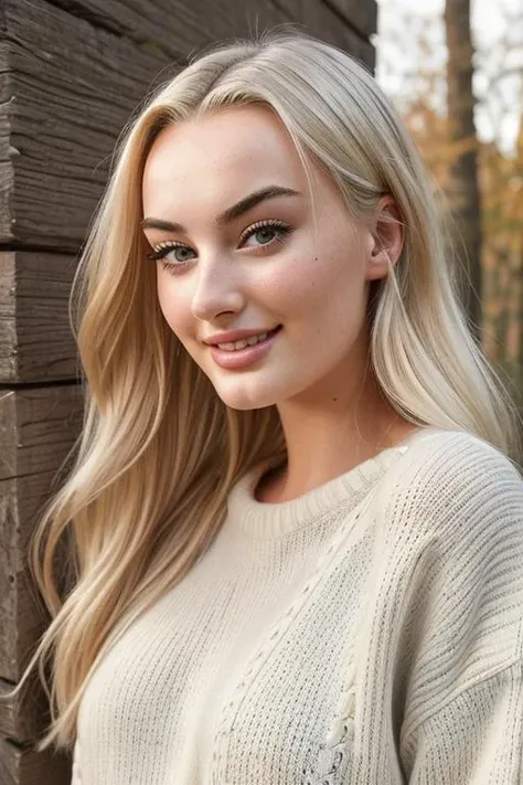 closeup headshot of S278_PietrikVanDijk,an attractive woman,in front of a (timber-wall:1.1),wearing a (sweater:1.1),(smiling),(4k, RAW photo, best quality, depth of field, ultra high res:1.1),(absurdres, intricate, photorealistic, masterpiece, ultra-detailed:1.1),
