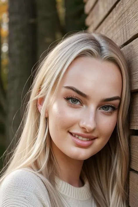 closeup headshot of S278_PietrikVanDijk,an attractive woman,in front of a (timber-wall:1.1),wearing a (sweater:1.1),(smiling),(4k, RAW photo, best quality, depth of field, ultra high res:1.1),(absurdres, intricate, photorealistic, masterpiece, ultra-detailed:1.1),
