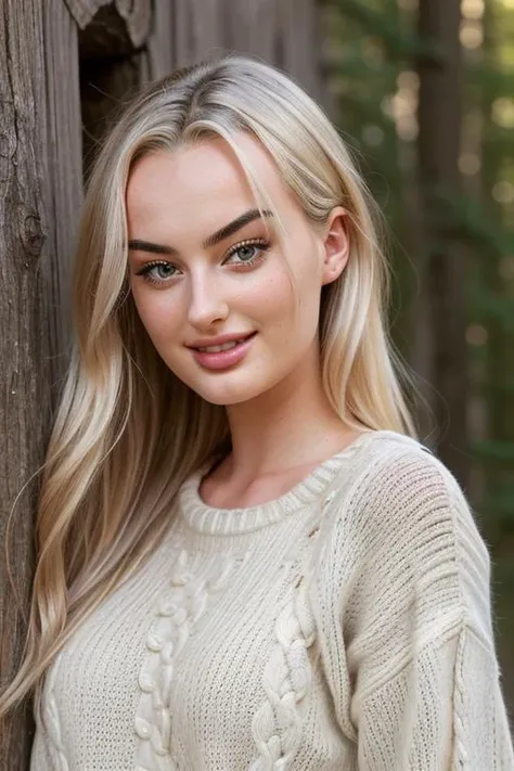closeup headshot of  S278_PietrikVanDijk,an attractive woman,in front of a (timber-wall:1.1),wearing a (sweater:1.1),(smiling),(4k, RAW photo, best quality, depth of field, ultra high res:1.1),(absurdres, intricate, photorealistic, masterpiece, ultra-detailed:1.1),