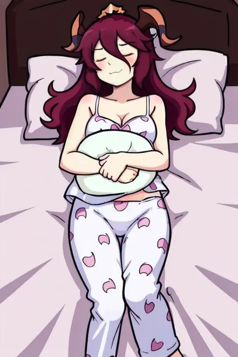 <lora:mym-nvwls-v1:0.9> defMym, horns, sleeping, bed, white camisole, pajama pants, pillow, lying in bed, closed eyes, simple colors, cel shading, hard shadows, outlines, vector art