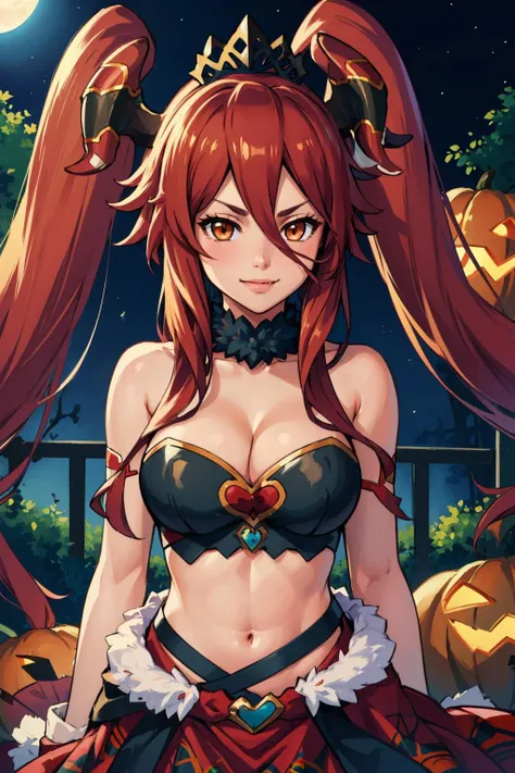 masterpiece, best quality, haloMym, tiara, horns, fur collar, halloween costume, twintails, cleavage, midriff, red skirt, tail, looking at viewer, cowboy shot, large breasts, smirk, night, trees, moon  <lora:mym-nvwls-v1-000009:0.9>