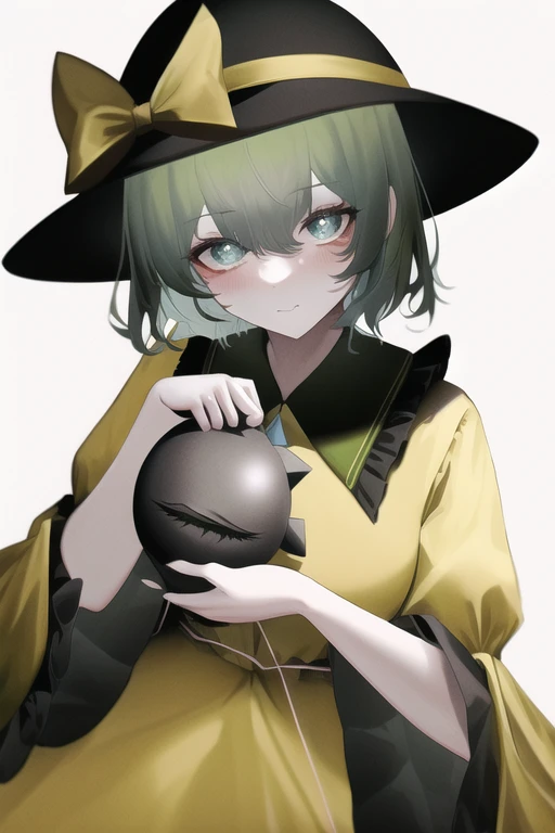 masterpiece, best quality, komeiji_koishi, green_eyes, heart_of_string, yellow_shirt, hat, eyeball, skirt, wide_sleeves, 1girl, green_skirt, frills, green_hair, black_headwear, shirt, long_sleeves, bow, looking_at_viewer, yellow_bow, frilled_sleeves, solo, heart_hands, underwear, heart-shaped_pupils, hat_ribbon, string, holding_clothes, frilled_shirt_collar, hat_bow, blouse, yellow_blouse, hair_between_eyes, ribbon, yellow_ribbon
