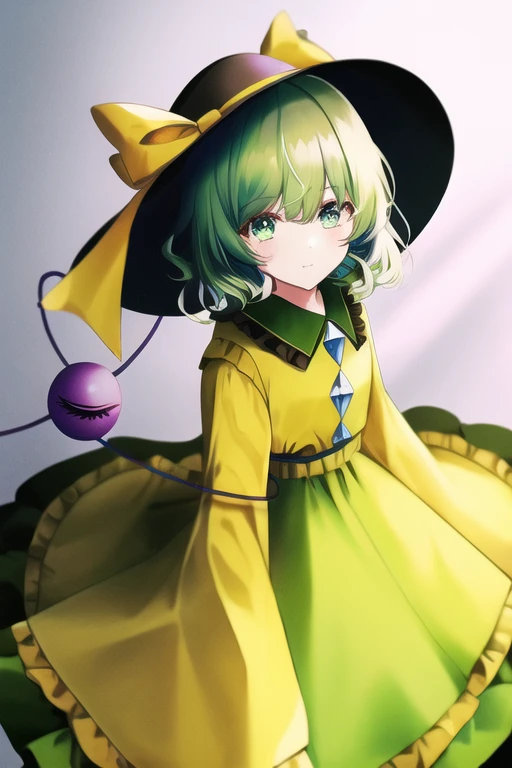 masterpiece, best quality, komeiji_koishi, green_eyes, heart_of_string, yellow_shirt, hat, eyeball, skirt, wide_sleeves, 1girl, green_skirt, frills, green_hair, black_headwear, shirt, long_sleeves, bow, looking_at_viewer, yellow_bow, frilled_sleeves, solo, heart_hands, underwear, heart-shaped_pupils, hat_ribbon, string, holding_clothes, frilled_shirt_collar, hat_bow, blouse, yellow_blouse, hair_between_eyes, ribbon, yellow_ribbon