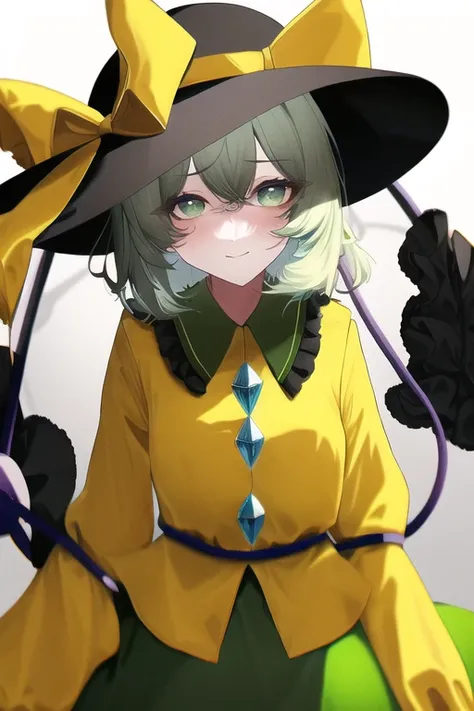 masterpiece, best quality, komeiji_koishi, green_eyes, heart_of_string, yellow_shirt, hat, eyeball, skirt, wide_sleeves, 1girl, green_skirt, frills, green_hair, black_headwear, shirt, long_sleeves, bow, looking_at_viewer, yellow_bow, frilled_sleeves, solo, heart_hands, underwear, heart-shaped_pupils, hat_ribbon, string, holding_clothes, frilled_shirt_collar, hat_bow, blouse, yellow_blouse, hair_between_eyes, ribbon, yellow_ribbon