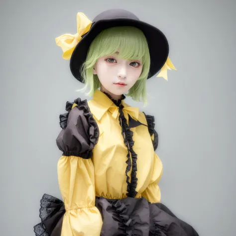masterpiece, best quality, komeiji_koishi, green_eyes, heart_of_string, yellow_shirt, hat, eyeball, skirt, wide_sleeves, 1girl, green_skirt, frills, green_hair, black_headwear, shirt, long_sleeves, bow, looking_at_viewer, yellow_bow, frilled_sleeves, solo, heart_hands, underwear, heart-shaped_pupils, hat_ribbon, string, holding_clothes, frilled_shirt_collar, hat_bow, blouse, yellow_blouse, hair_between_eyes, ribbon, yellow_ribbon