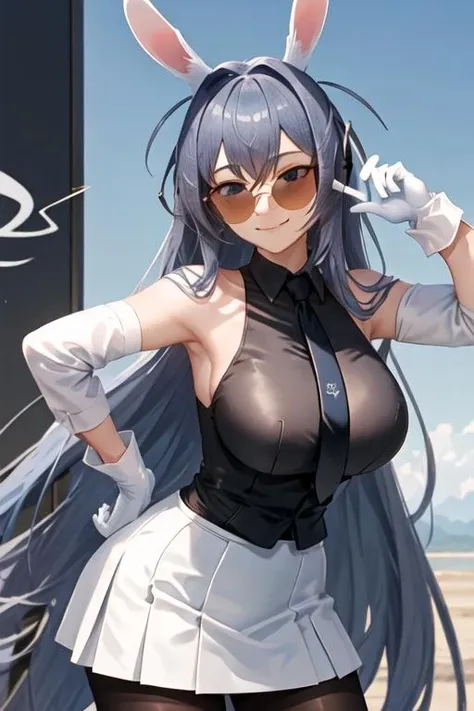 best quality, masterpiece, highres, solo, {black business suit:1.40}, {tie:1.20}, {sunglasses:1.25}, {white gloves:1.15}, {white shirt:1.10}, {black skirt:1.15}, {smoking:1.20}, handsome, {feater_arknights:1.15}, animal_ears, black_hair, multicolored_hair, streaked_hair, panda_ears, grey_hair, twintails, breasts, smile, large_breasts, eyewear_on_head, long_hair, hair_over_one_eye, open_mouth, cleavage, fang, upper_body, bangs, round_eyewear, two-tone_hair
