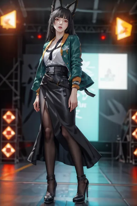 8k,highres,absurdres,masterpiece,best quality,original,extremely detailed CG,extremely detailed wallpaper,perfect lighting,<lyco:GoodHands-beta2:1>,
1girl,solo,blurry_background,looking_at_viewer,standing on the stage,
<lora:hoshimi_miyabi:0.7>,hoshimi miyabi,fox ears,red eyes,black hair,long hair,jacket,black skirt,black pantyhose,