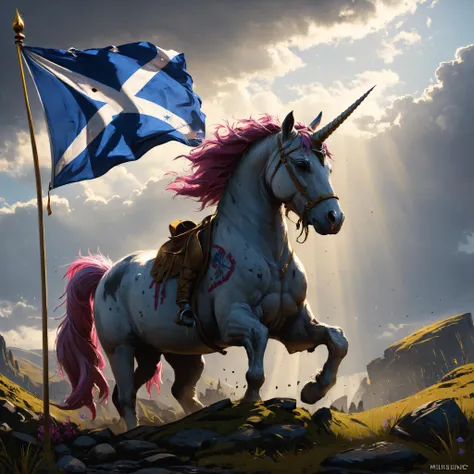 A unicorn and the flag of scotland,, Backlighting, trending on artstation, 8k, by Craig Mullins <lora:xl_more_art-full_v1:0.4> <lora:HerrscherAGGA2023_Tshirt_Design_Concept_V1:1>