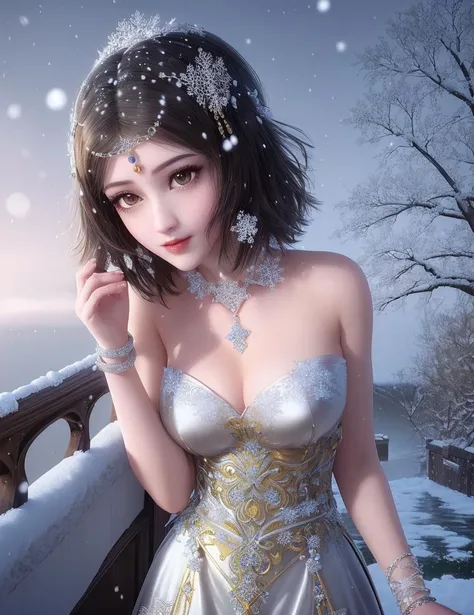 ultra realistic 8k cg, flawless, clean, masterpiece, professional artwork, famous artwork, cinematic lighting, cinematic bloom, perfect face, beautiful face, fantasy, dreamlike, unreal, science fiction, lace, lace trim, lace-trimmed legwear, luxury, jewelry, diamond, gold, pearl, gem, sapphire, ruby, emerald, intricate detail, delicate pattern, charming, alluring, seductive, erotic, enchanting, hair ornament, necklace, earrings, bracelet, armlet,halo,autumn,
((,1girl, pov,best quality, )) , ((((1girl, solo,outdoors, large breasts,,snowflakes, snow, snowing, ))))
<lora:DA_BaiCai:0.7>