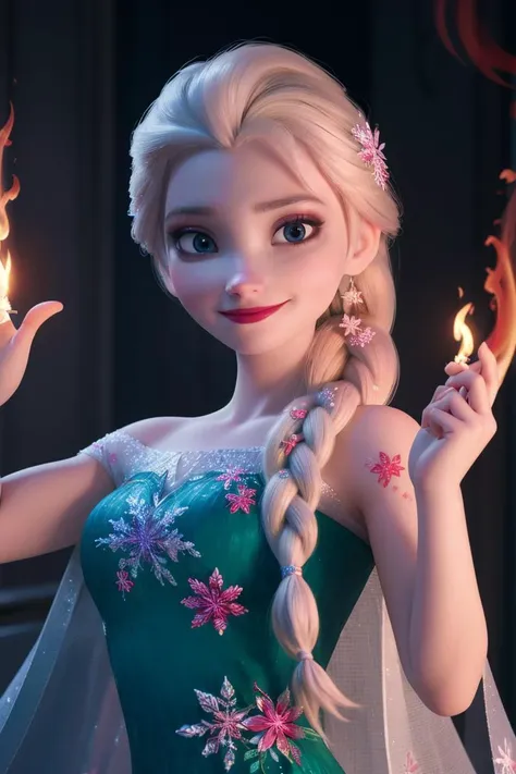 elsa \(frozen\)  looking at viewer,smirking,topless,Elsa's Floral Dress,upper body,braid, worm light, <lora:Frozen_elsa_v7:0.7>ï¼Holding flames in his right hand, flames all around his body