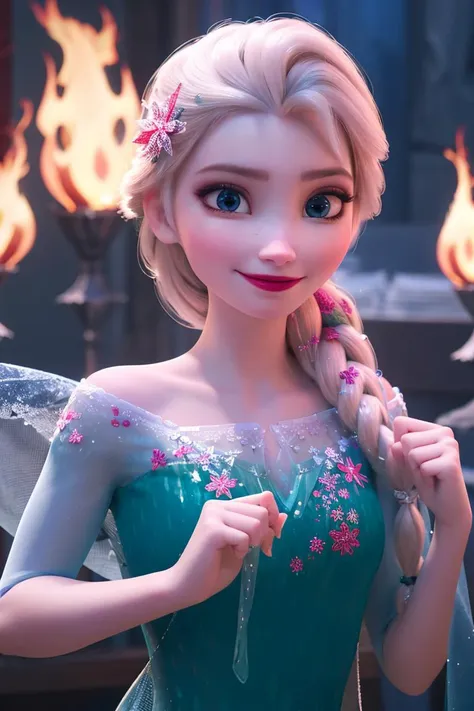 elsa \(frozen\)  looking at viewer,smirking,topless,Elsa's Floral Dress,upper body,braid, worm light, <lora:Frozen_elsa_v7:0.7>ï¼Holding flames in his right hand, flames all around his body