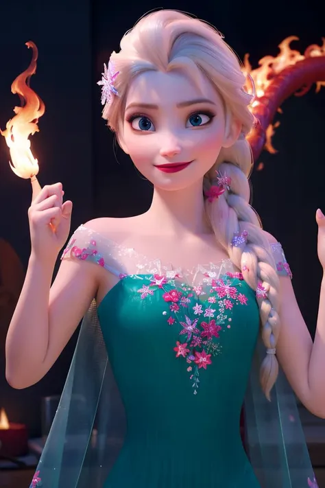 elsa \(frozen\)  looking at viewer,smirking,topless,Elsa's Floral Dress,upper body,braid, worm light, <lora:Frozen_elsa_v7:0.7>ï¼Holding flames in his right hand, flames all around his body