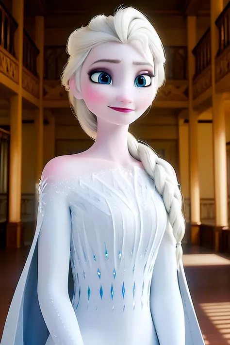 elsa \(frozen\) in the corridor of the library, looking at viewer,smirking,Elsa's White Dress,upper body,braid on right shoulder, worm light,<lora:Frozen_elsa_V1_9clothes:1>,upper body, incredibly absurdres,ultra-detailed, wallpaper,realistic,photorealistic,raw photo,masterpiece,best quality,