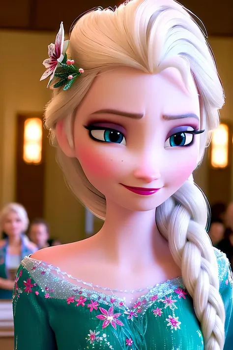elsa \(frozen\) in the corridor of the library, looking at viewer,smirking,Elsa's Floral Dress,upper body,braid, worm light,<lora:Frozen_elsa_V1_9clothes:1>,upper body, incredibly absurdres,ultra-detailed, wallpaper,realistic,photorealistic,raw photo,masterpiece,best quality,