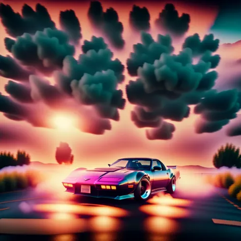 photo, a car is driving down the road with clouds in the sky behind it