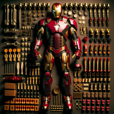 photo, the iron man suit is surrounded by many different parts of the iron man suit