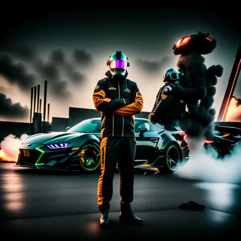photo, a man in a gas mask standing next to a car with flames coming out of it