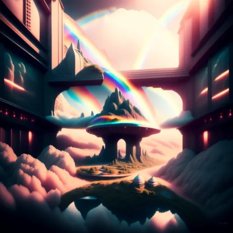 photo, a painting of a large building with a rainbow in the sky above it
