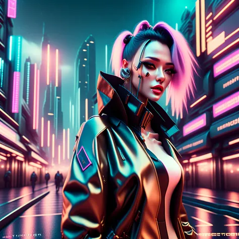 photo, a digital painting of a woman in a leather jacket in a futuristic city CyberHacker style a man in a trench coat standing on a city street