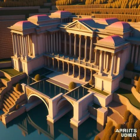 photo, an artist's rendering of a castle on the edge of a body of water