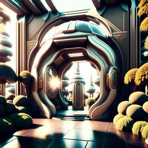 photo, a futuristic looking entrance to a building with potted plants in front of it